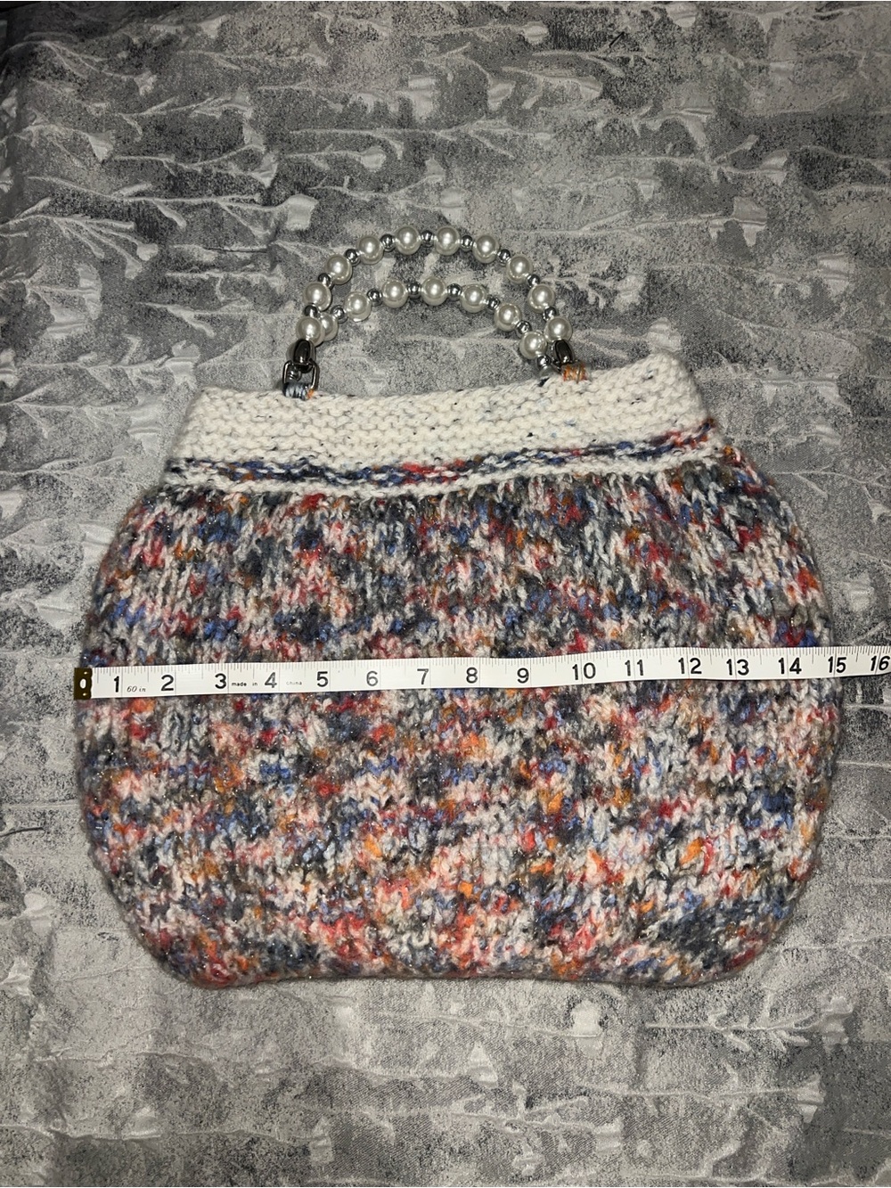 Knitted Multicolor Handbag with Faux Pearl and Silver Beaded Handle - Picture 11 of 12